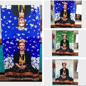 Frida Khalo Fringe Shawl Scarf Wrap 100% Acrylic, Blue, Green, White 76in x 30in